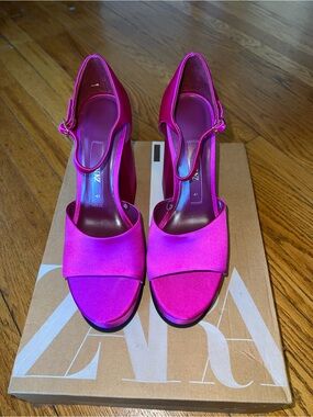Zara Fuchsia Satin Open-Toe Ankle-Strap Heels